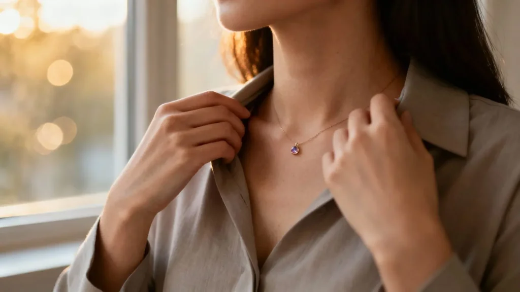 woman in a modern outfit with small birthstone necklace around her neck