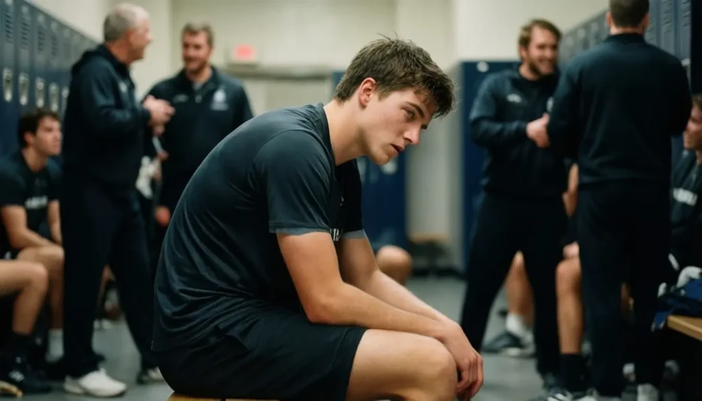 young athlete seated on a locker room bench leaning to one side