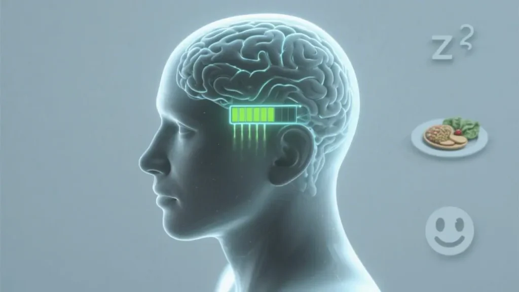 3D render illustration of a semi-transparent human head with a highlighted glowing prefrontal cortex