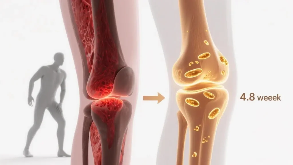 anatomical illustration showing a knee joint in cross-section before and after