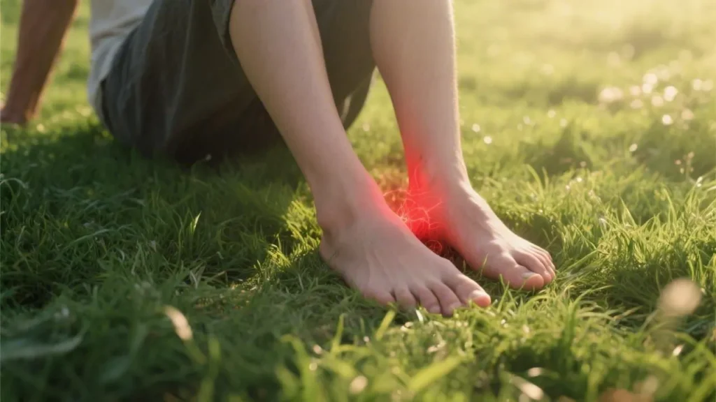 bare feet touching the earth with a soft red glow at the base