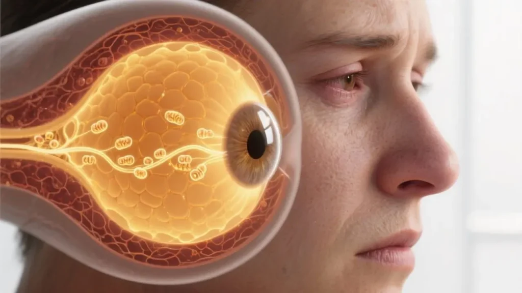 close-up illustration of a human eye with transparent cross-section showing the retina in detail