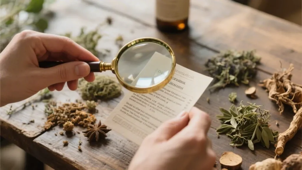 close-up of hands holding a magnifying glass over a detailed ingredient list
