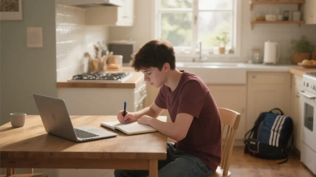 college student sitting at a kitchen table with a notebook open writing