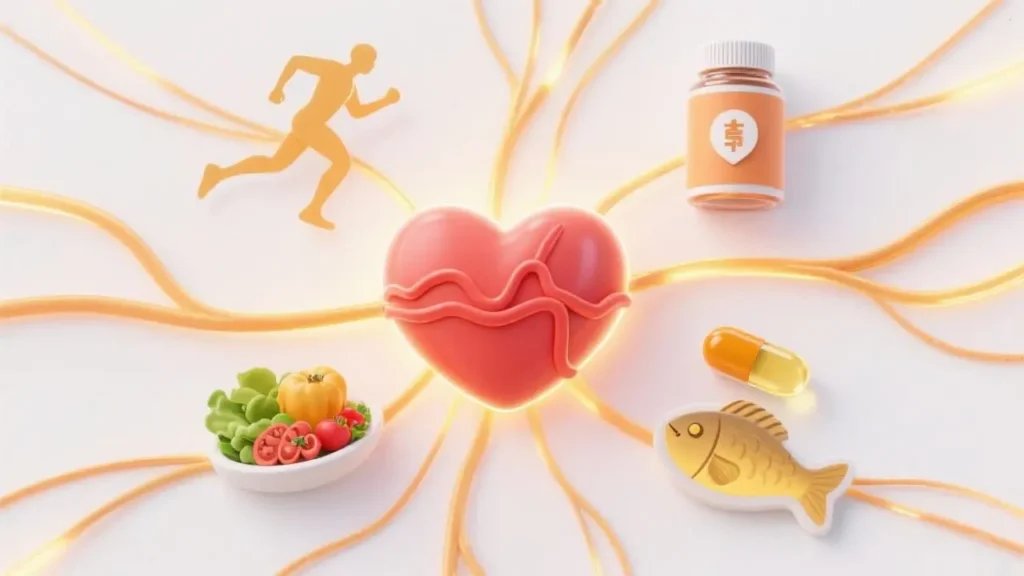 conceptual illustration showing a healthy heart at center, surrounded by lifestyle elements
