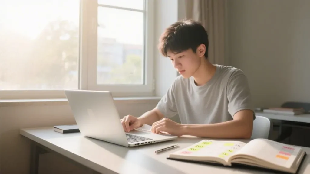 focused college student studying by a window in natural morning light