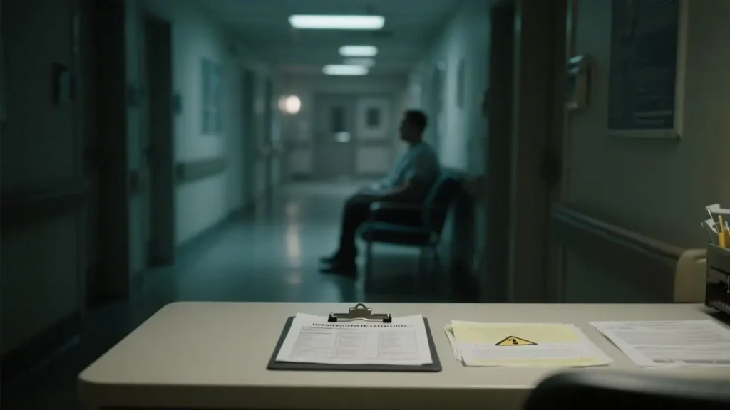 hospital corridor with a patient sitting alone in a chair