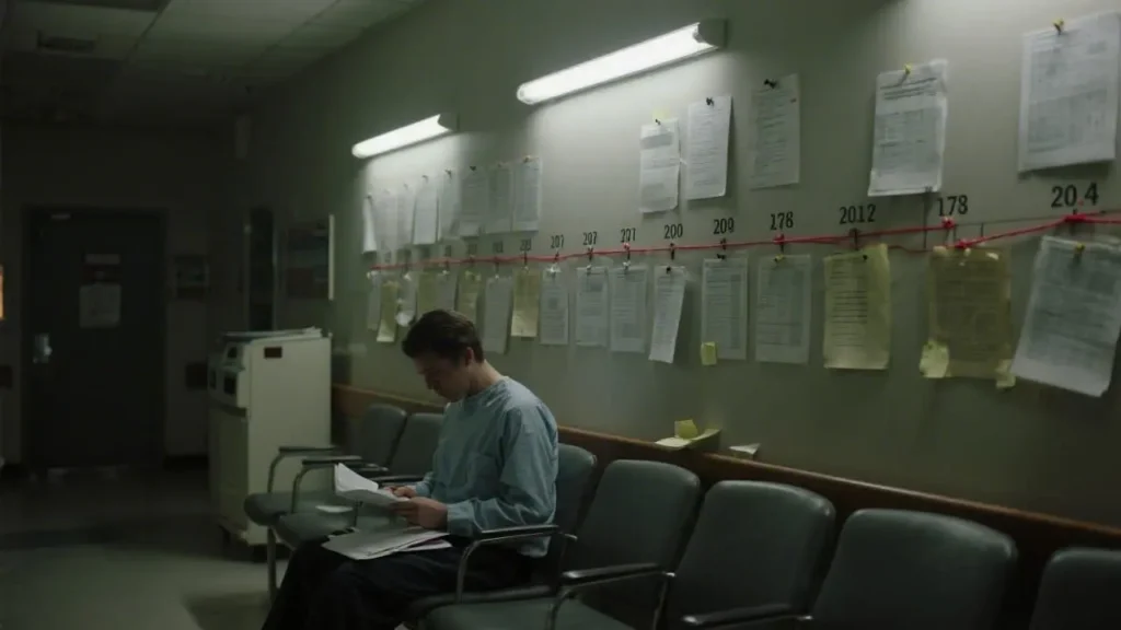 hospital waiting room with a patient quietly reading paperwork