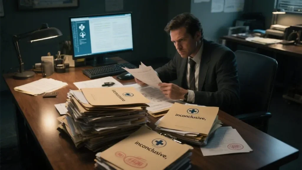 journalist reviewing a growing stack of complaint files