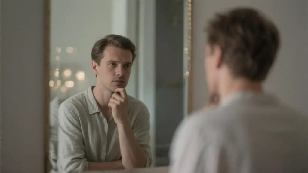 man looking in mirror questioning his self-worth