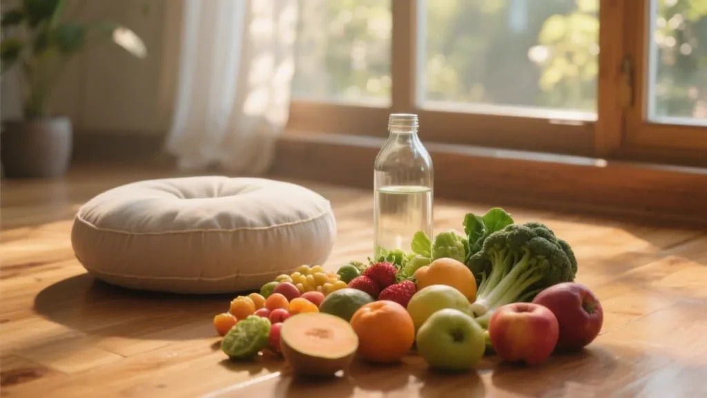meditation cushion and fresh whole foods