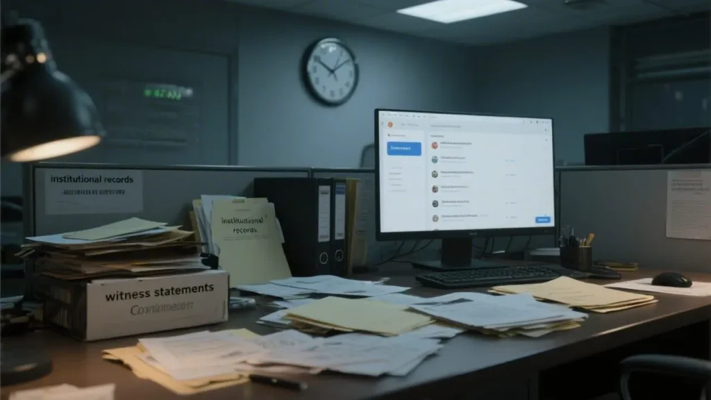 office setting with a desk covered in scattered complaint files