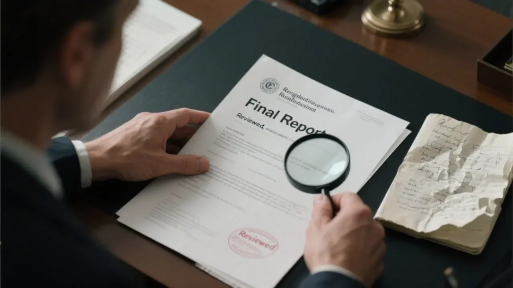 overhead shot of a legal investigator's desk