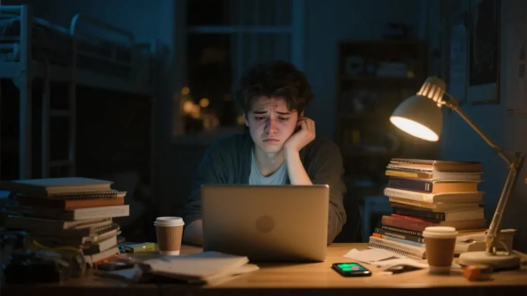 overwhelmed college student sitting alone at a cluttered desk at night