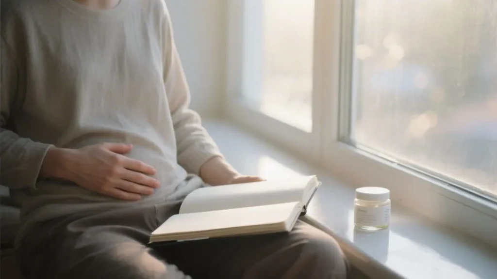 person sitting by a window with a journal open on their lap