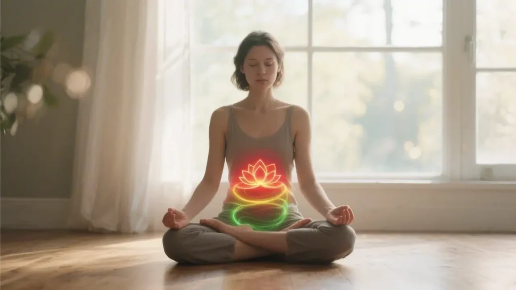 person sitting in lotus position on a simple wooden floor by a large window