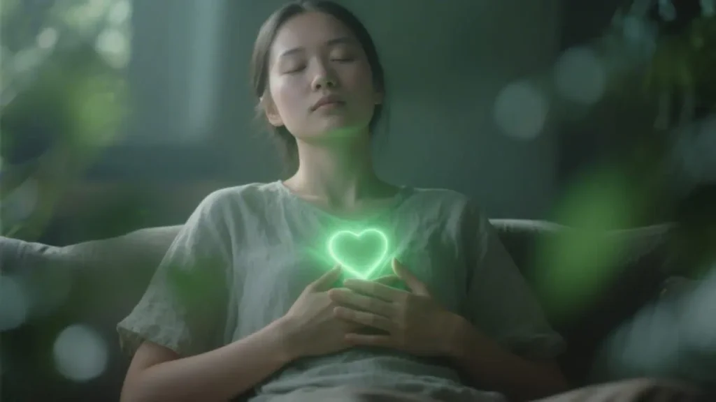 person sitting with both hands resting on their chest