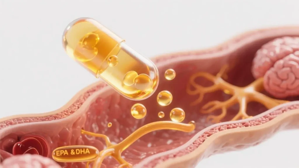 photograph-style illustration of a fish oil capsule being absorbed into cellular tissue