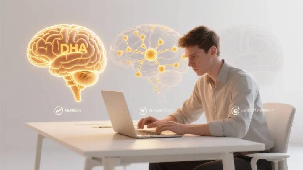 photorealistic illustration of a person at a desk with brain visible as schema