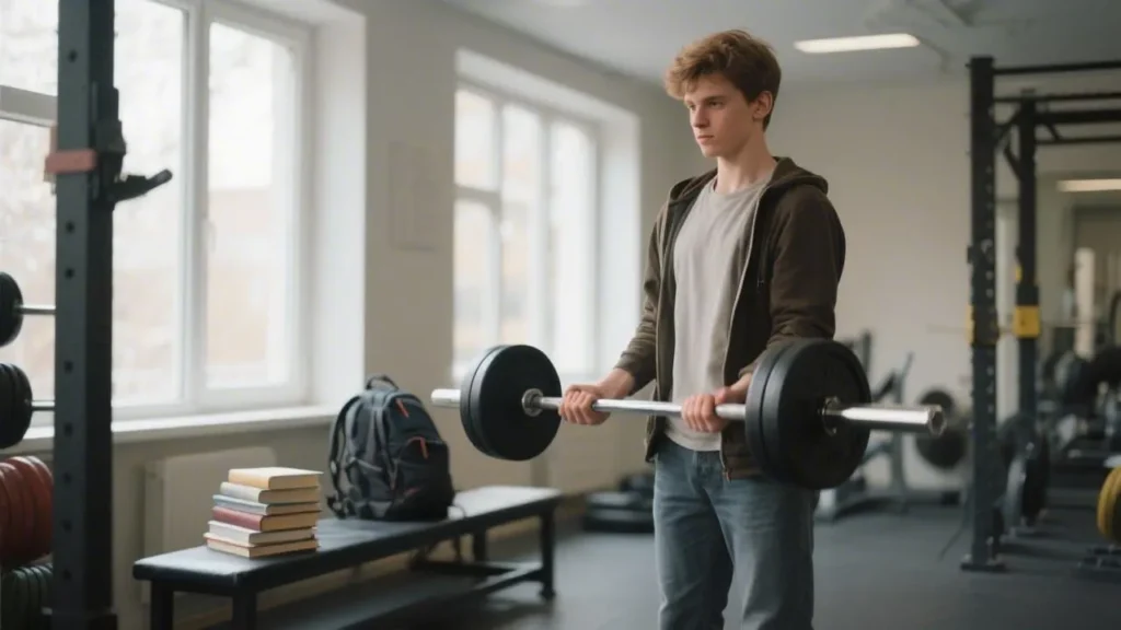 student in a quiet gym holding a moderately heavy barbell with focused expression
