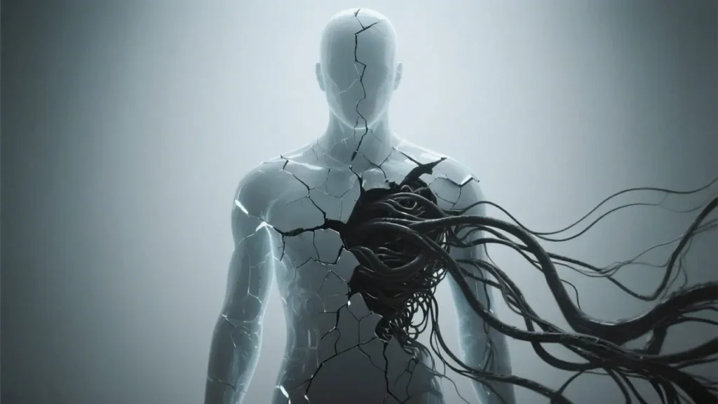 translucent human silhouette appearing cracked