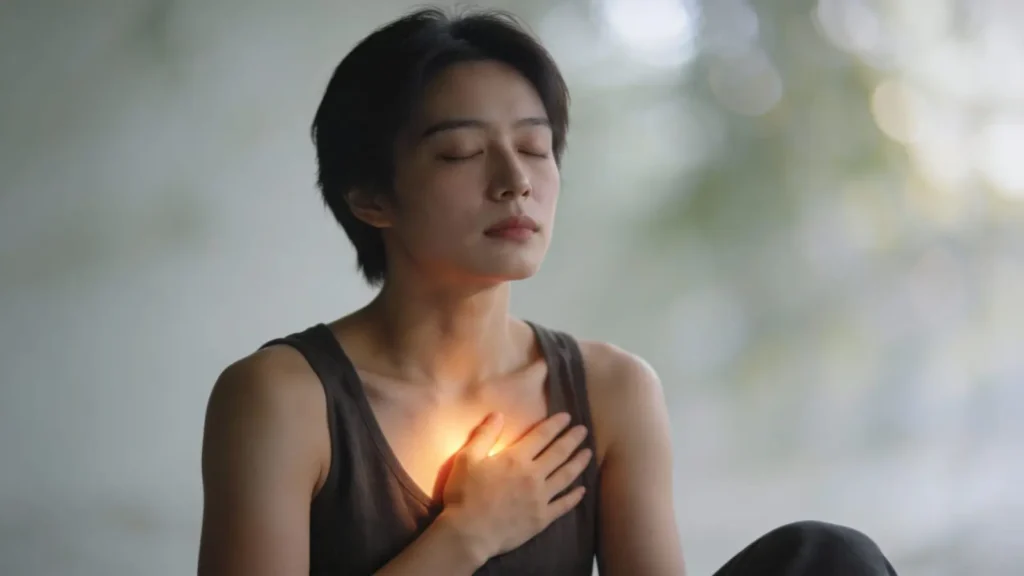 woman holding hand over her heart center with gentle golden glow around it