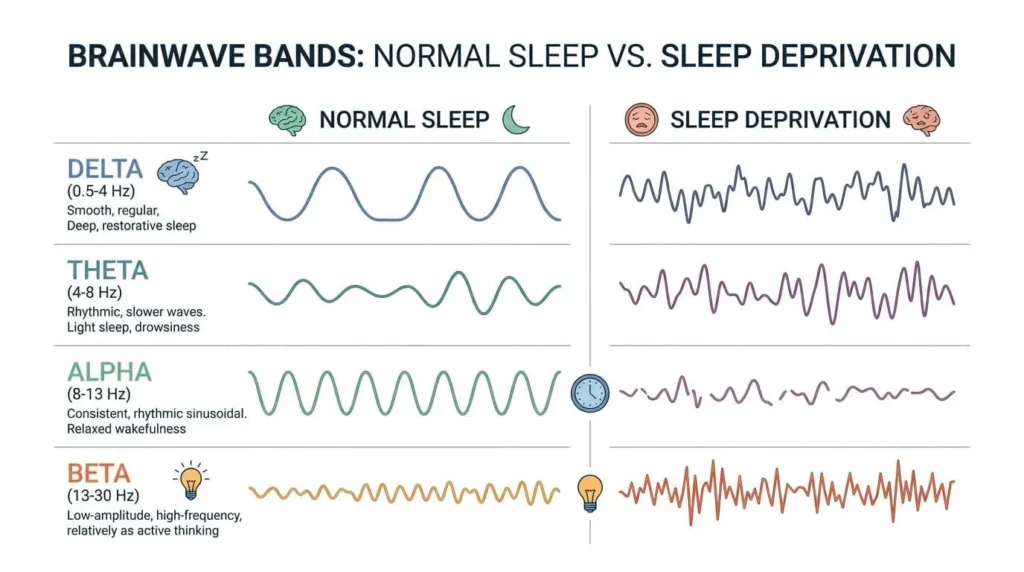 Infographic showing four brainwave bands - delta, theta, alpha, beta.