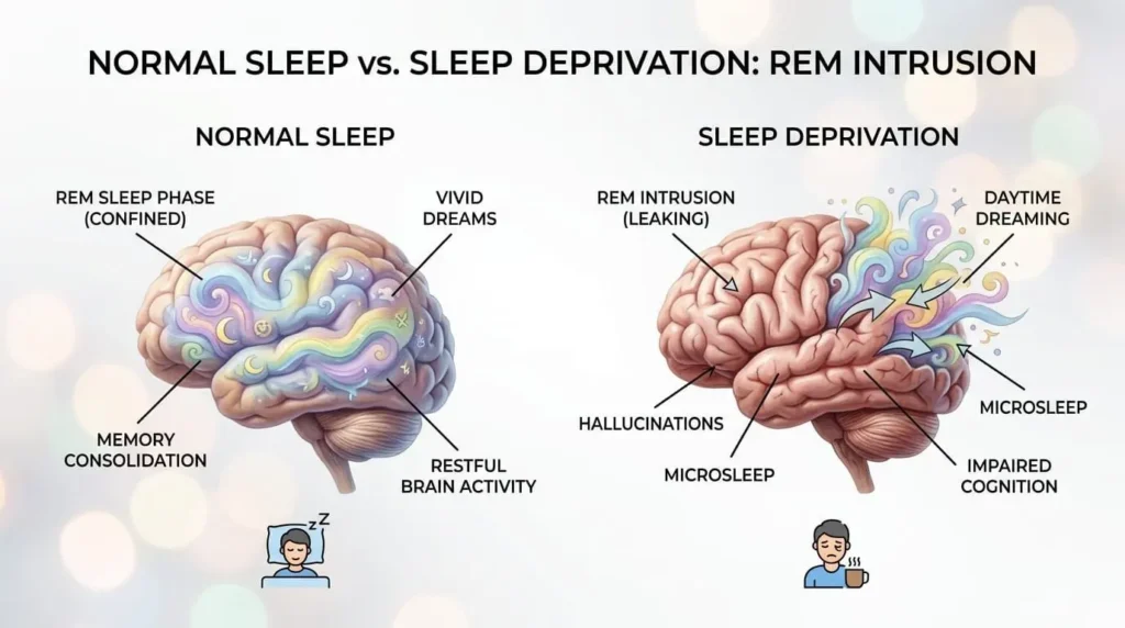 Infographic showing two brain states - normal sleep vs sleep deprivation