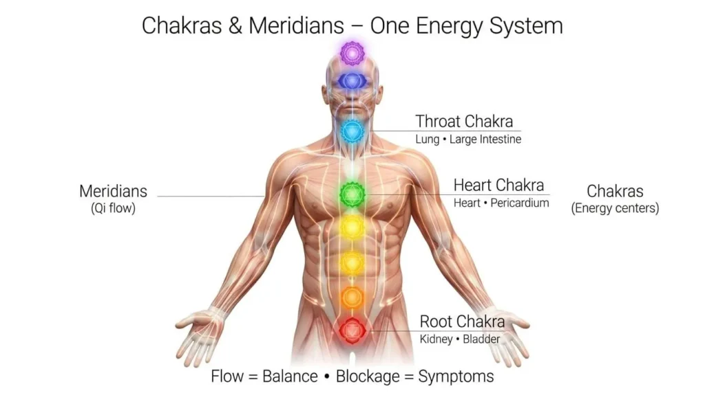 anatomical diagram of a human body with chakra system and meridians