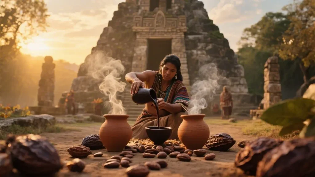 ancient aztec pouring dark cacao liquid into clay pot