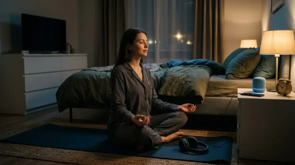 calm bedroom scene with a woman preparing for restful sleep in meditation
