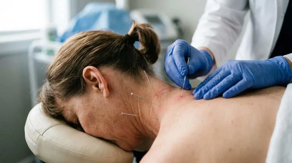 close-up of a dry needling session on the neck
