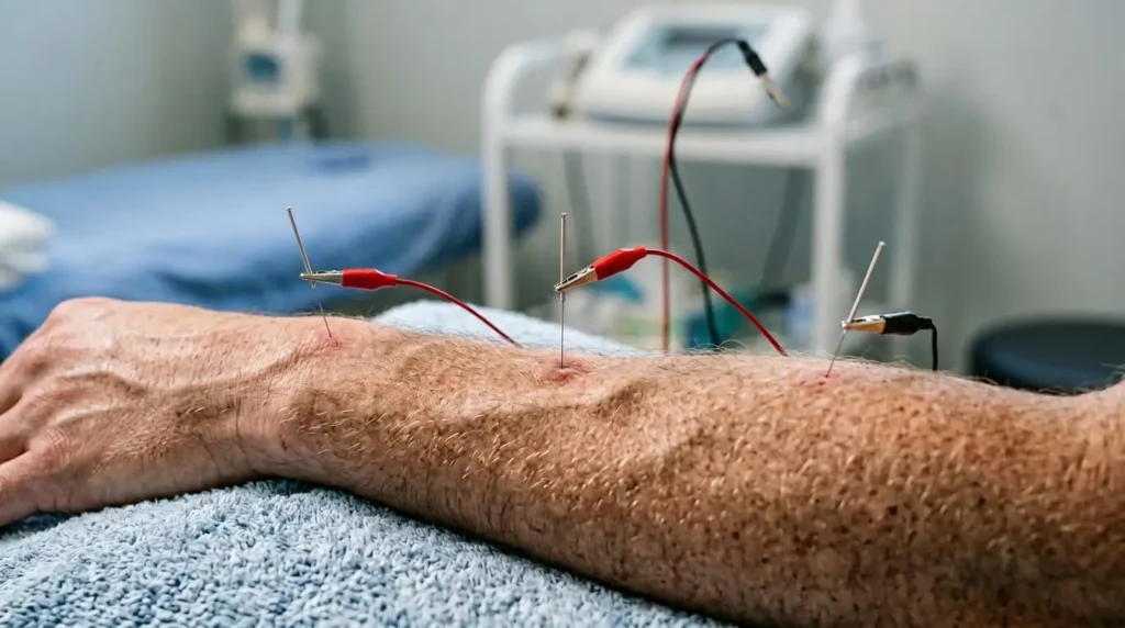 close-up of electroacupuncture treatment