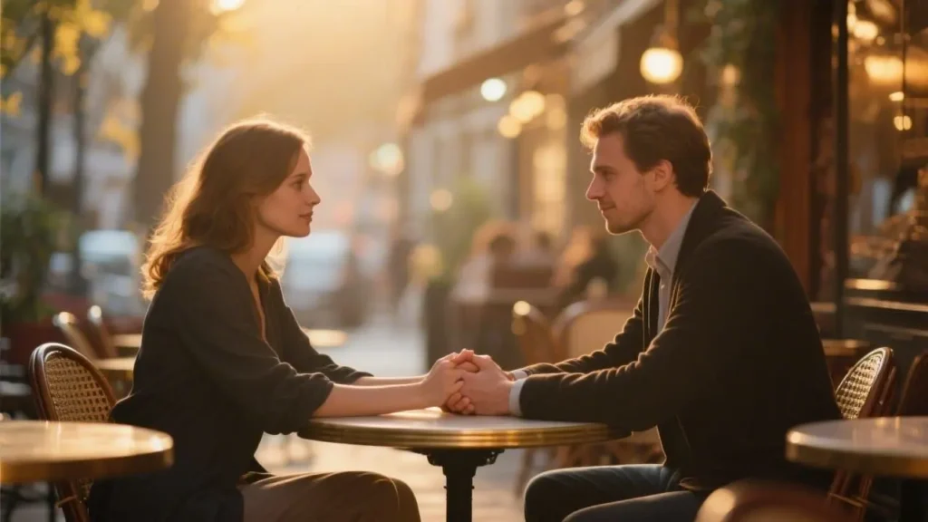 couple holding hands across a small café table