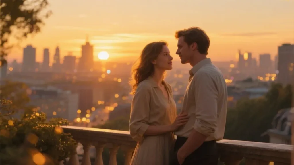 couple standing close together on a balcony at sunset talking quietly