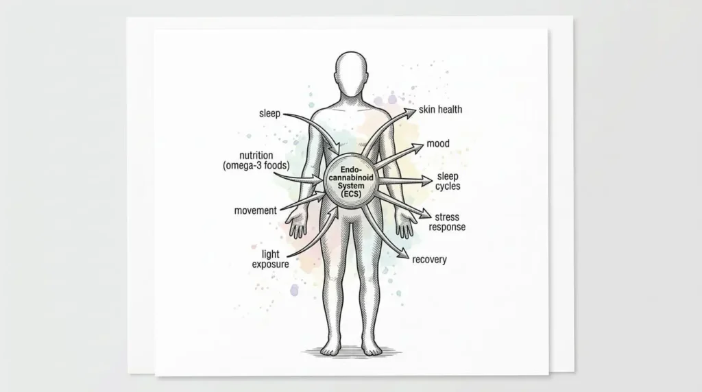 diagram illustration of a central hub labeled ECS inside a simplified human silhouette
