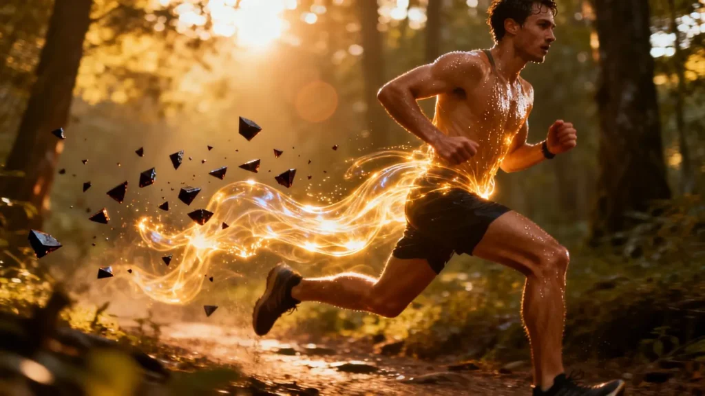 dynamic shot of a person mid-run on a forest trail