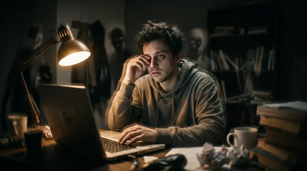 extremely sleep-deprived person in a dark environment experiencing hallucinations