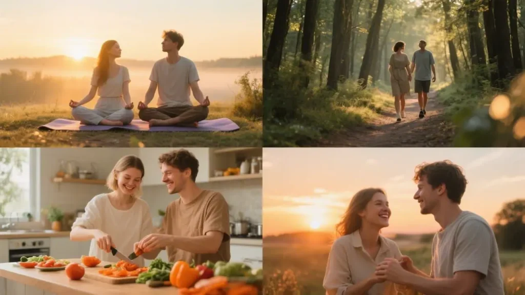 four lifestyle scenes of man and woman daily moments