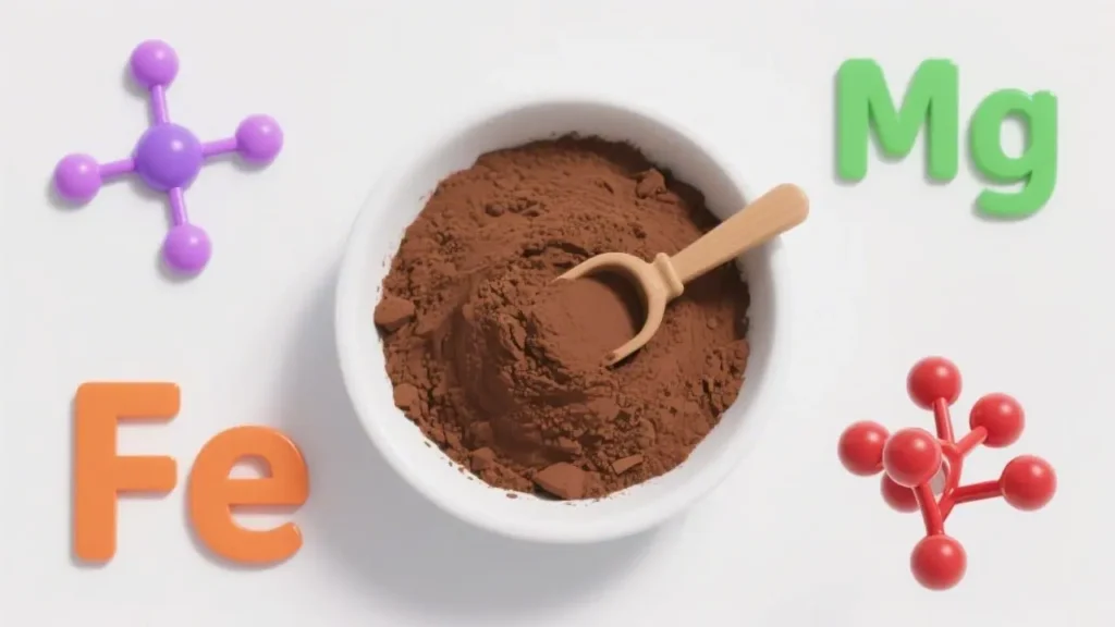 grid layout image showing central bowl of cocoa powder and main ingredients around it