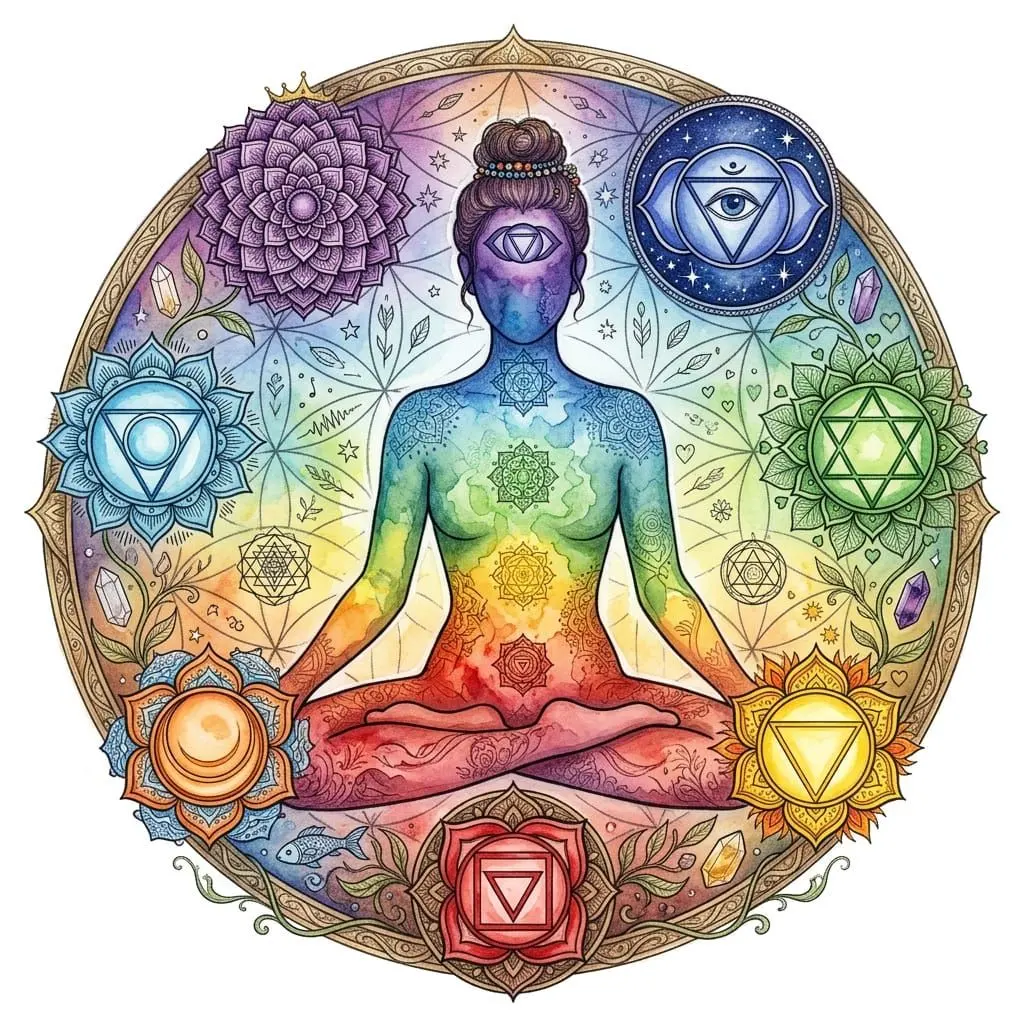 hand drawn chakra symbols in a circle around woman in lotus meditation pose