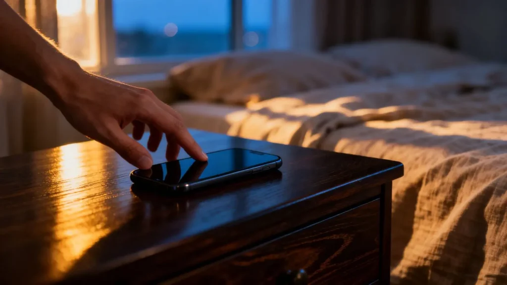 hand placing a smartphone on a wooden dresser