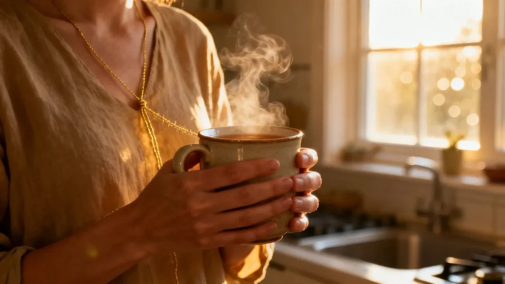 hands wrapped around a steaming ceramic mug of tea