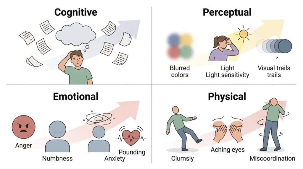illustration in four sections - cognitive - perceptual - emotional - physical
