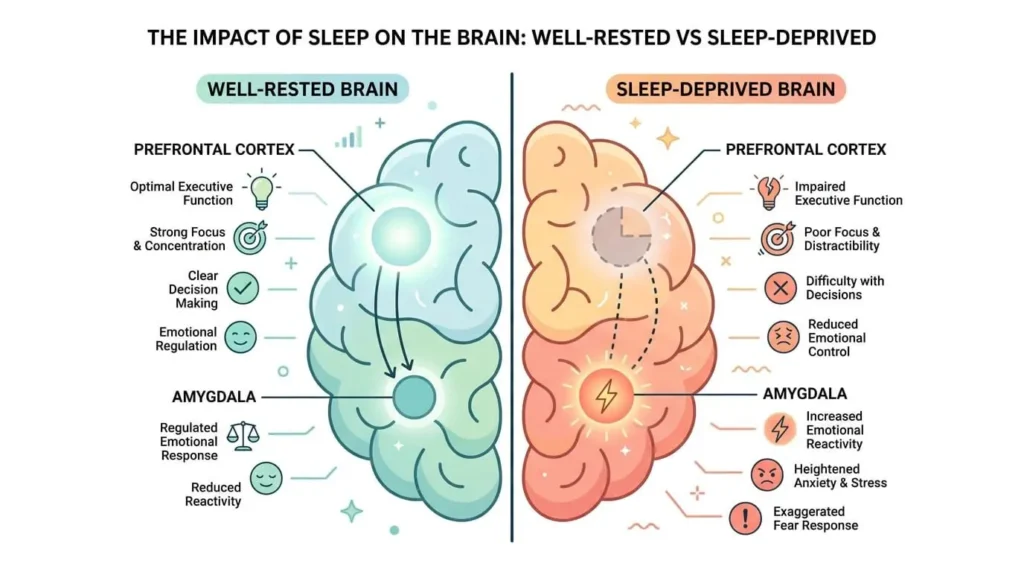 infographic illustration of a rested vs sleep deprived human brain