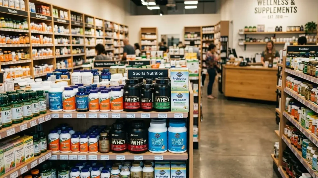 inside of wellness and supplement products shop shelves filled with supplement products