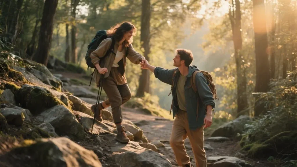 man and woman hiking in rocky path in woods