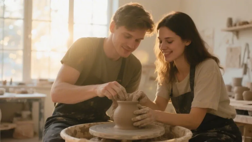 man and woman in pottery class