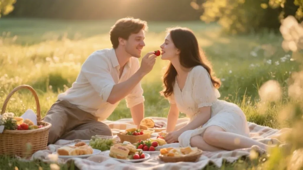 man and woman in romantic picnic in nature