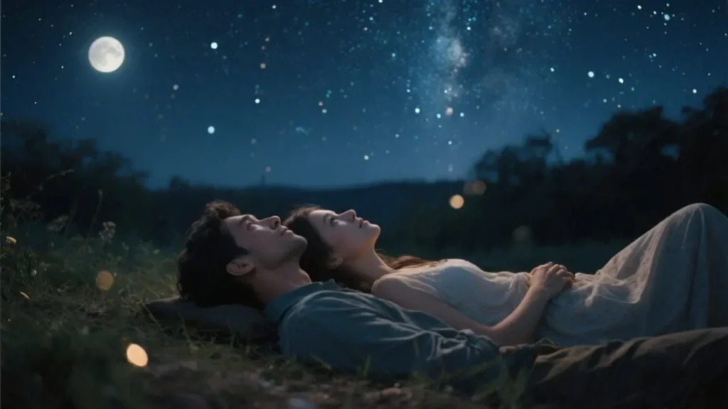 man and woman lying outside in nature at night watching the stars